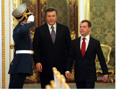 Ukrainian President Viktor Yanukovych with Russian PresidentDmitry Medvedev at the Kremlin in Moscow in early March