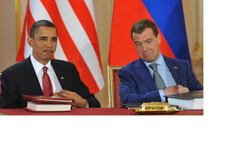 Avoiding the worst: Presidents Barack Obama and DmitryMedvedev upon signing the START nuclear reduction treatyearlier this year in Prague