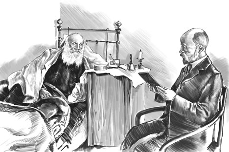 Leo Tolstoy and his personal doctor, Dushan Petrovich Makovitsky, at Yasnaya Polyana. 1909. Drawing by Dmitry Divin