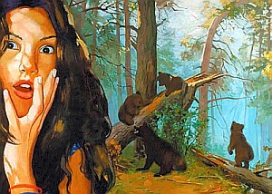 A parody by Vladimir Dubrossarky and Alexander Vinogradov: a heroine is placed in painter Ivan Shishkin's "Bags in a Pine Forest"