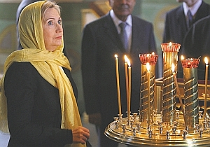 Secretary of State Hillary Clinton attended an Orthodox cathedral in Tatarstan after visiting a mosque the same day, lauding the predominantly Muslim region as a fine example of multi-ethnic tolerance and peace