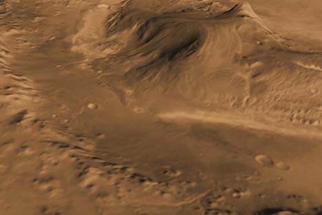 Computer-generated vista mostra cratera Gale, selecionada pela Nasa como local de pouso para a missão Mars Science Laboratory em agosto. Illustração: NASA