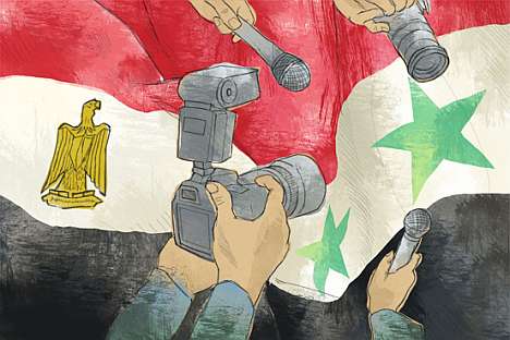 Enquanto outros países alcançam cidadãos médios do mundo todo com ferramentas midiáticas, Rússia ficou para trás, como mostra situação síria. Ilustração: Natália Mikhailenko