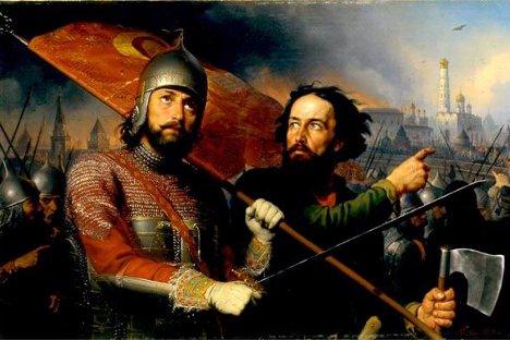 Mínin e Pojárski, os lideres que uniram o povo russo no ano 1612, no retrato de  Mikhail Scotti. 