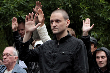 Sergej Udalzow (mittig) ist einer der Veranstalter des „Marsches der Millionen“. Foto: RIA Novosti