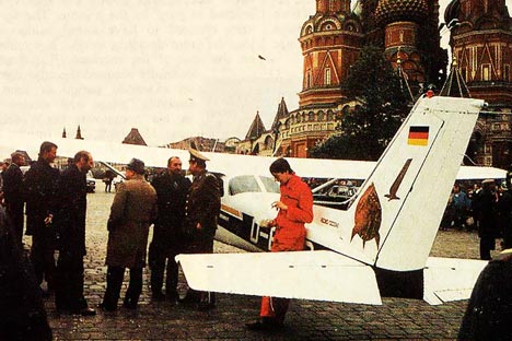 West German amateur pilot Mathias Rust had taken off in a rented light sport plane from an airport near Helsinki, overcome the vaunted Soviet air defense system, and flew 530 miles to land in the heart of the Soviet Union. Source: Press Photo