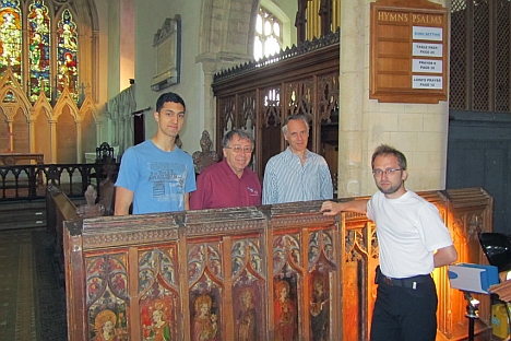 Professors Roman Maev (second left), and Spike Bucklow of Cambridge’s Hamilton Kerr Institute (second right) with two Canadian-based graduate students in physics from the University of Windsor, Mo El-Youssef and Dmitry Gavrilov, in the Church of St. 