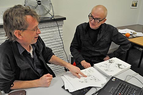 Russian prominent animator Igor Kovalyov (right) tutoring Sjaak Rood, a participant of the animation master class at The Netherlands Institute for Animation Film (NIAF). Source: NIAF / Press Photo