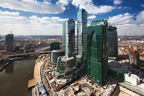 The Kremlin hopes Moscow City (right), Moscow’s financial district, will become a global financial hub. Photo by Ilya Varlamov
