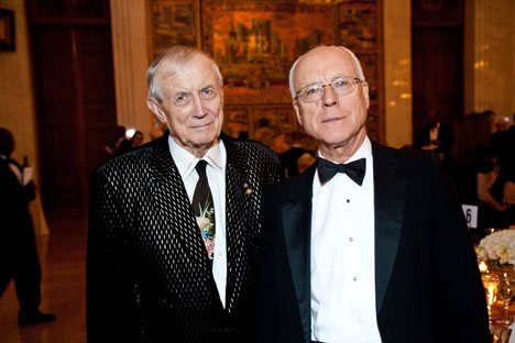 The famous Russian poet Yevgeny Yevtushenko(l) and Alexander Potemkin(r) at the American-Russian Cultural Cooperation's event. Source: Press photo.