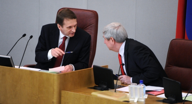 State Duma Speaker Sergei Naryshkin (pictured left) was one of the initiators of the bill retaliating the U.S. Magnitsky Act. Source: ITAR-TASS