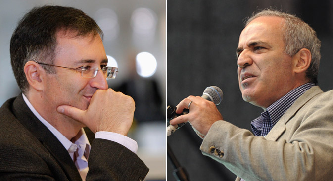 O economisto Guriev (esq.) e o líder da oposição Garry Kasparov anunciaram o autoexílio por discordar do governo Foto: Reuters / ITAR-TASS