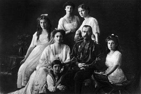 Nicolas II Romanov and his wife Alexandra with children (pictured L-R): Alexei, Maria, Tatiana, Olga, Anastasia. 