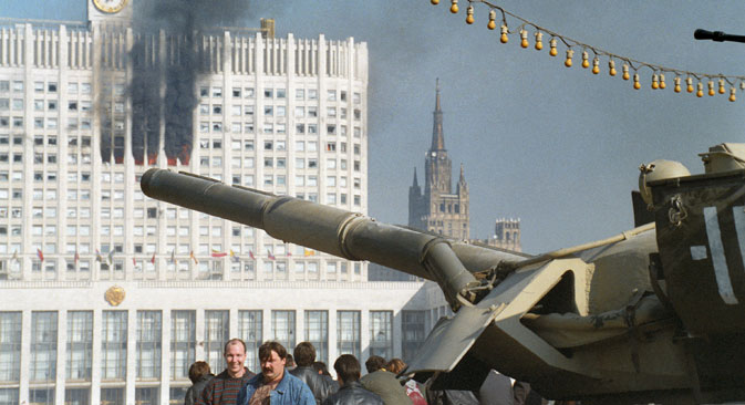 The conflict between President Boris Yeltsin and the State Duma ended with the shelling of the Russian White House. Source: ITAR-TASS