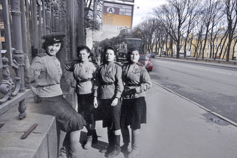 Girls on Konnogvardeisky (Horse Guards) Boulevard in Leningrad. In his photo montages Sergey Larenkov combines archive photos with modern ones taken on the same spot. Source: Sergey Larenkov