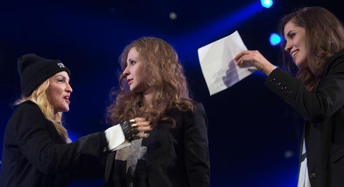 Madonna introduced Pussy Riot members at Amesty International's concert for human rights in Brooklyn. Source: Reuters
