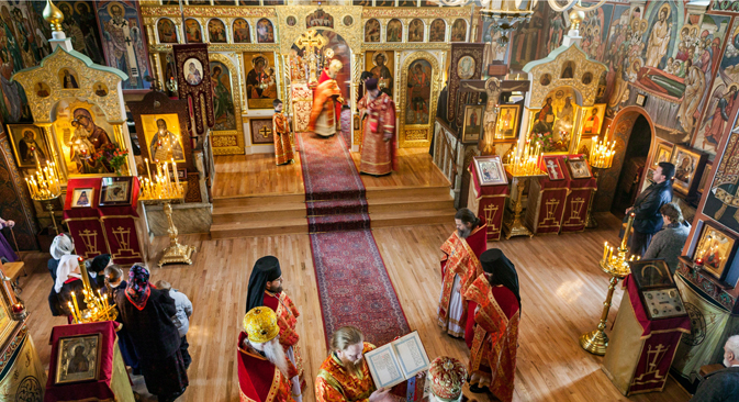 Monks celebrate a traditional Russian Orthodox liturgy at the Holy Trinity Monastery in  Jordanville, N.Y. Source: Alamy/Legion Media