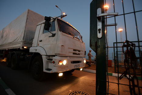 A truck carrying humanitarian aid for people in southeastern Ukraine at the Donetsk checkpoint, August 2014.