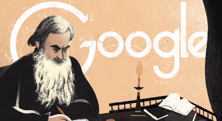 On September 9, Google featured an interactive screensaver dedicated to Tolstoy’s 186th birthday. Source: Google