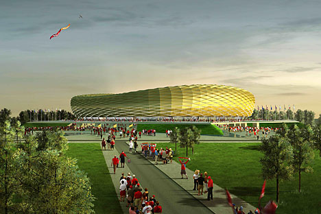 Die Fertigstellung russischer WM-Stadien verläuft größtenteils nach Plan.  Auf dem Bild: 3D-Modell des Stadions "Baltika" in Kaliningrad. Foto: ITAR-TASS