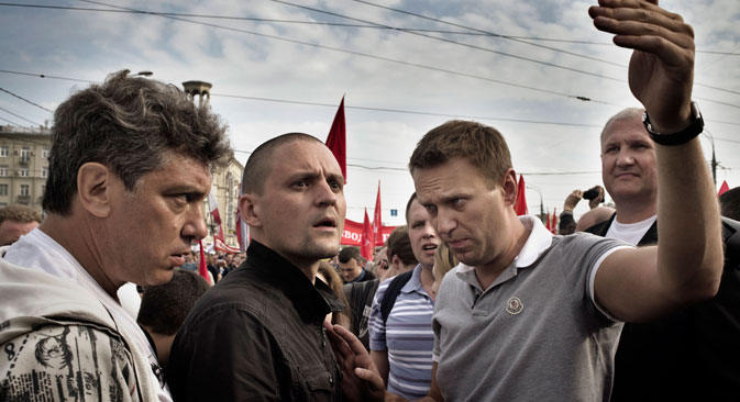 Boris Nemzow, Sergej Udalzow und Alexej Nawalny (von links nach rechts) gehörten zu den Anführern der russischen Protestbewegung. Foto: Yuri Kozyrev / NOOR 