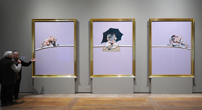The exhibition of Francis Bacon in the Hermitage: Three Studies of the Human Body. Source: TASS / Yury Belinsky