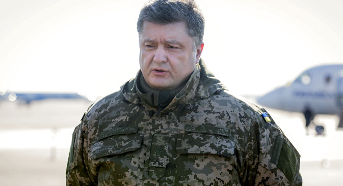 Ukrainian President Petro Poroshenko makes a press statement before his flight to the military operation area. Source: Mikhail Palinchak / RIA Novosti