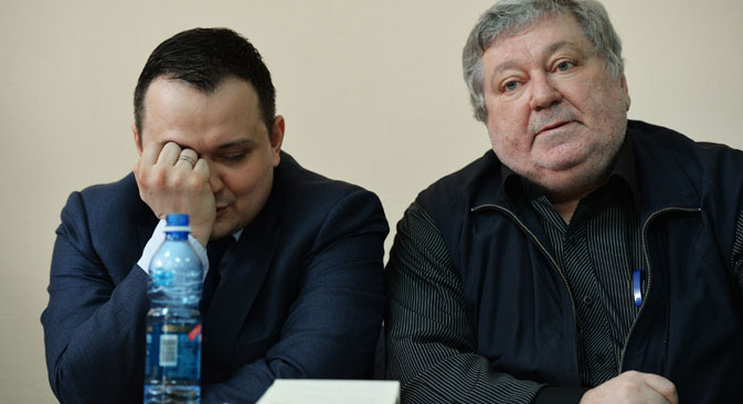 Right: Boris Mezdrich, Director of the Novosibirsk Opera and Ballet Theater, and his lawyer attend court session hearing the case of Timofei Kulyabin, the stage director of the opera "Tannhauser." Source: Alexander Kryazhev / RIA Novosti