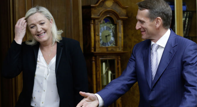 French politician Marine Le Pen (L), leader of the National Front Party, and Russian State Duma's chairman Sergei Naryshkin at a meeting. Source: Anna Isakova / TASS