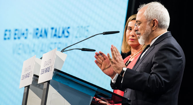 High Representative of the European Union for Foreign Affairs and Security Policy Federica Mogherini and Foreign Minister of Iran Javad Zarif during aggreement of P5+1 - Iran Talks (France, Germany, United Kingdom, China, Russia and USA) at Austria Centre in Vienna, July 14, 2015. Source: Photoshot / Vostockphoto