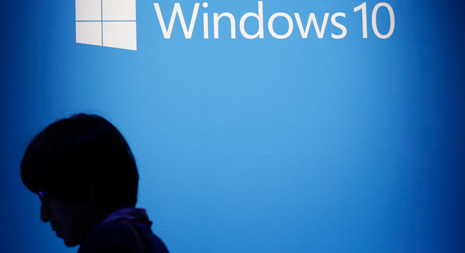 The Windows 10 logo sits on display during the operating system's launch event in Tokyo, July 29, 2015. Source: Getty Images