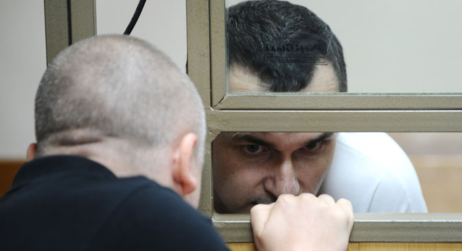The Ukrainian film-maker Oleh Sentsov in the North-Caucasian District Military courtroom, Rostov-on-Don, the venue of initial hearings on the acts of terrorism in Crimea, Aug. 25. Source: RIA Novosti/Sergey Pivovarov