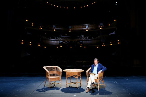 TV presenter Sergei Brilev reads Chekhov at the stage of Moscow Chekhov Art Theater