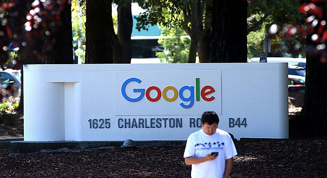 The new Google logo is displayed on a sign outside of the Google headquarters on September 2, 2015 in Mountain View, California. Source: Getty Images