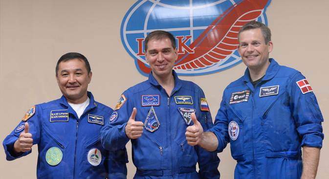 Members of the ISS expedition: Republic of Kazakhstan Cosmonaut Aidyn Aimbetov, Russian Federal Space Agency Cosmonaut Sergei Volkov and European Space Agency astronaut Andreas Mogensen. Source: Alexey Filippov / RIA Novosti