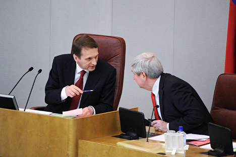 El portavoz de la Duma, Serguéi Narishkin (a la izquierda) fue uno de los iniciadores del proyecto de ley en repuesta a la 'ley Magnitski' estadounidense. Fuente: ITAR-TASS