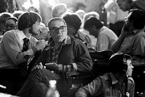 García Márquez durante coletiva de imprensa com os dirigentes da União de Cineastas da URSS em 1987 Foto: M. Yurchenko / Ria Nóvosti