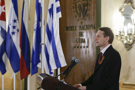 El presidente de la Duma Estatal, Sergey Naryshkin, durante la conferencia en La Habana. Fuente: VGTRK
