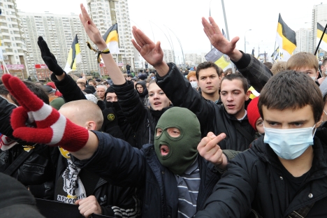 Une manifestation des nationalistes en mars 2012, à Lioubertsy, dans la banlieue moscovite. Crédit : RIA Novosti/Ilya Pitalev