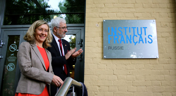 Hélène Conway-Mouret et Jean de Gliniasty lors de l’inauguration des nouveaux locaux de l'Institut Français de Moscou. Crédit : Clémence Laroque. 