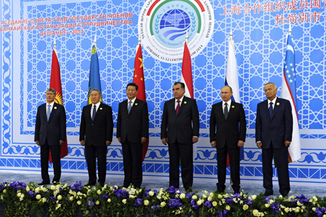 Les dirigeants des six pays membres de l’OSC lors du sommet annuel à Douchanbé (Tadjikistan), en septembre 2014.