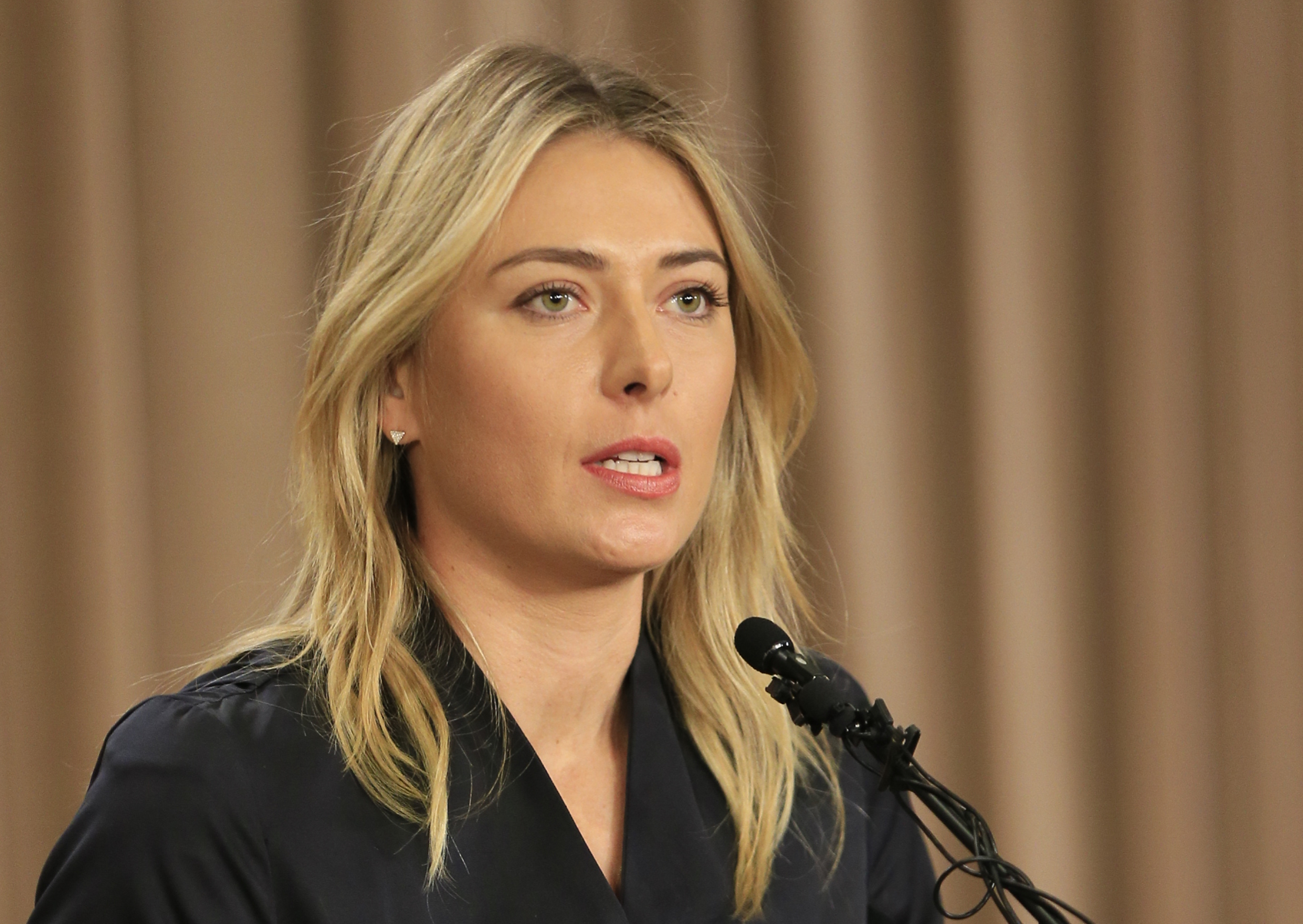Tennis star Maria Sharapova speaks during a news conference in Los Angeles on Monday, March 7, 2016. Sharapova says she has failed a drug test at the Australian Open.