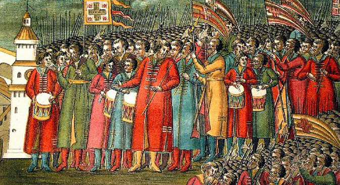 Strelci na izboru Mihaila Fjodoroviča za cara (1672). Pukovima strelaca pomagali su kozački odredi. Iz slobodnih izvora.