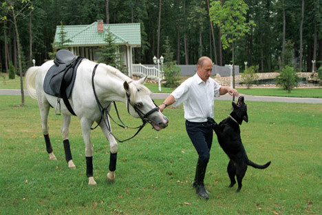 Predsjednik Vladimir Putin s jednim od svojih živih poklona, labradorom Koni. Izvor: ITAR-TASS