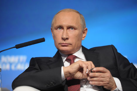 Presiden Vladimir Putin menghadiri Forum Investasi Russia Calling yang diselenggarakan oleh VTB Capital  di World Trade Center di Moskow, 2 Oktober 2014. Foto: Alexei Druzhinin/RIA Novosti 