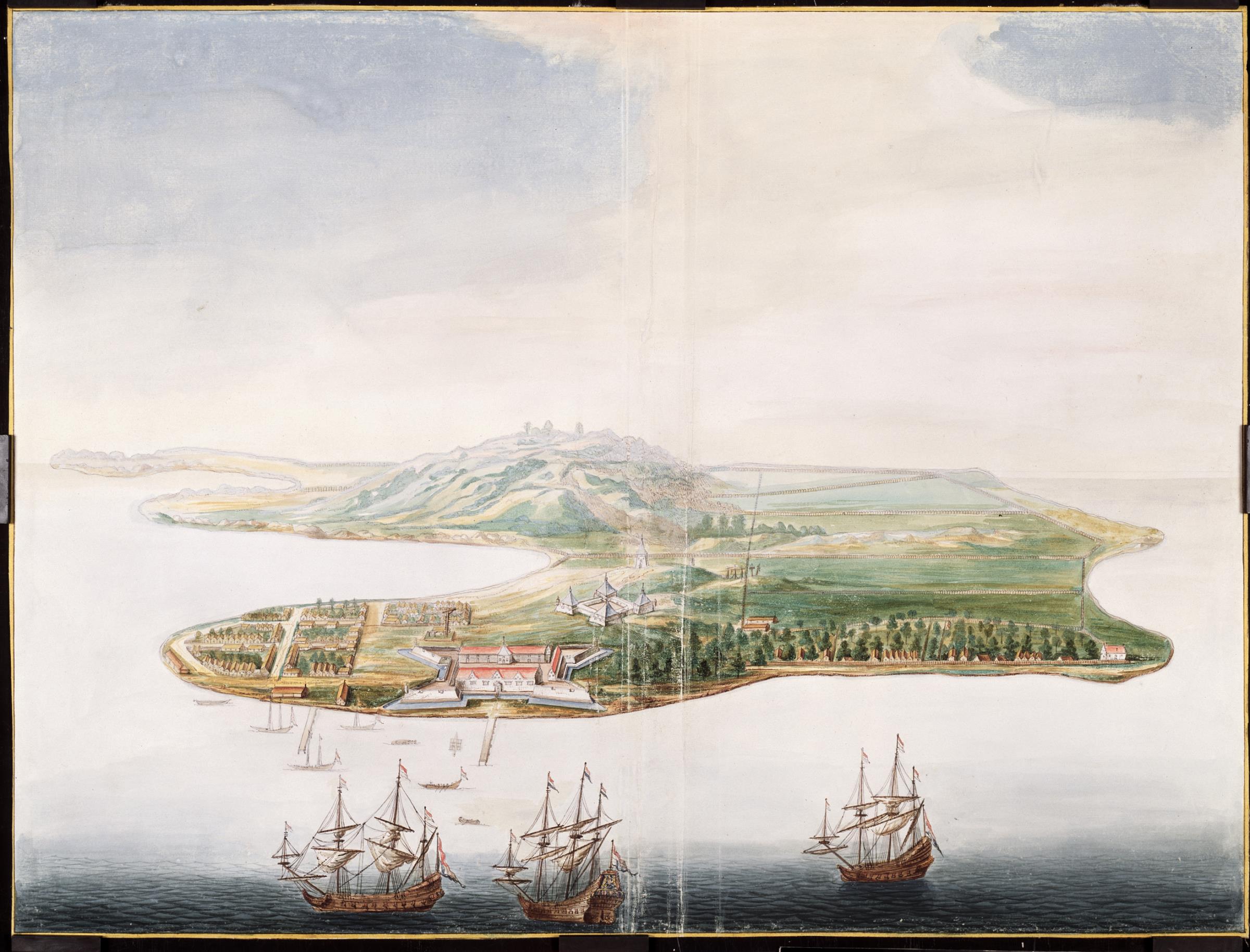 Ilustrasi Pulau Bandanaira, pulau utama di gugusan Kepulauan Banda pada abad ke-17. Terlihat desa Naira dan benteng Nassau milik Belanda di pesisir pulau, serta benteng Belgica di belakangnya. Pala adalah komoditas utama dari Kepulauan Banda dan diperebutkan oleh pedagang-pedagang Inggris dan Belanda.