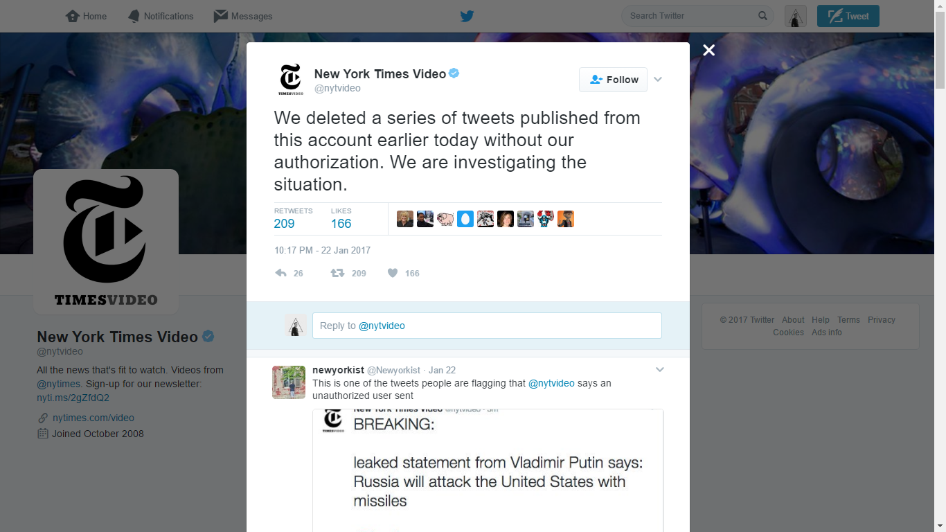 The New York Times mengonfirmasi bahwa mereka telah menghapus sejumlah tweet yang dipublikasikan melalui akun @nytvideo tanpa otorisasi. 