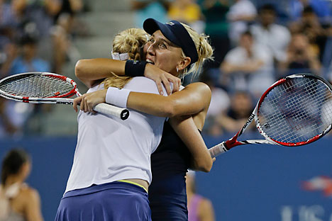 The Russian tennis player talks about her doubles win at Flushing Meadows. Source: AP