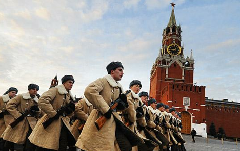 Participants dressed as Red Army soldiers march through Red Square during a military parade. Source: TASS / Stanislav Krasilnikov