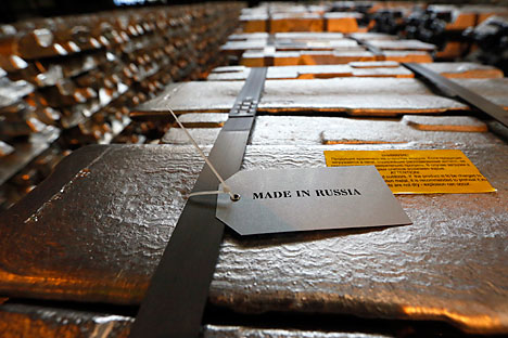 Aluminium ingots with the sign "Made in Russia" are stored at the foundry shop of the Rusal Krasnoyarsk aluminium smelter in the Siberian city of Krasnoyarsk. Source: Ilya Naymushin / Reuters